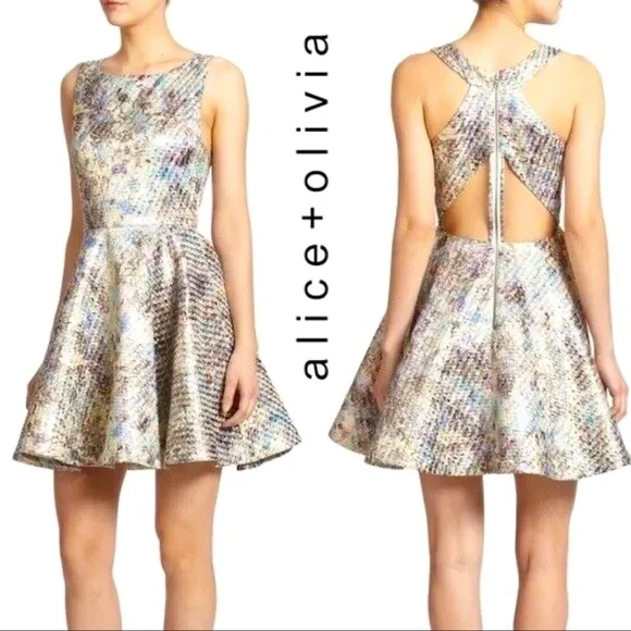 Alice + Olivia | Dresses | Nwot Aliceolivia Sz 6 Blue Port Floral Print  Metallic Jacquard Dress | Poshmark